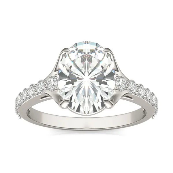 3.01 CTW DEW Elongated Oval HOLYCOME Moissanite Cathedral Solitaire with Side Accents Ring 14K White Gold