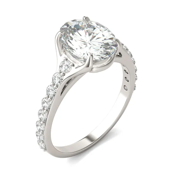3.01 CTW DEW Elongated Oval HOLYCOME Moissanite Cathedral Solitaire with Side Accents Ring 14K White Gold