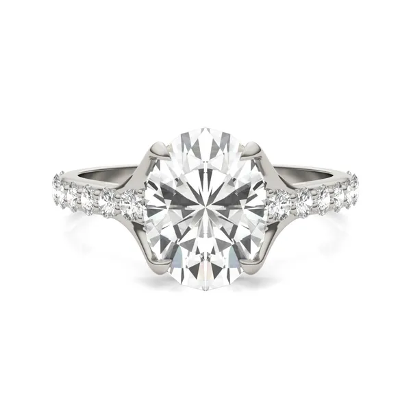 3.01 CTW DEW Elongated Oval HOLYCOME Moissanite Cathedral Solitaire with Side Accents Ring 14K White Gold