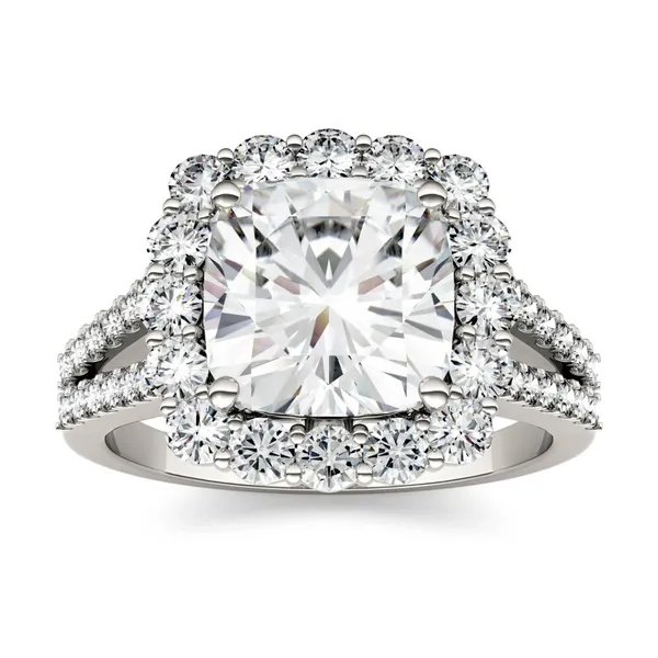4.26 CTW DEW Cushion HOLYCOME Moissanite Split Shank Engagement Ring in 14K White Gold