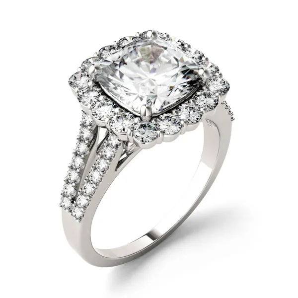 4.26 CTW DEW Cushion HOLYCOME Moissanite Split Shank Engagement Ring in 14K White Gold