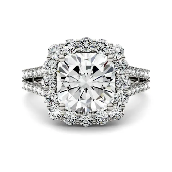 4.26 CTW DEW Cushion HOLYCOME Moissanite Split Shank Engagement Ring in 14K White Gold