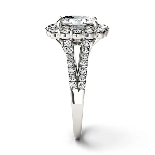 4.26 CTW DEW Cushion HOLYCOME Moissanite Split Shank Engagement Ring in 14K White Gold