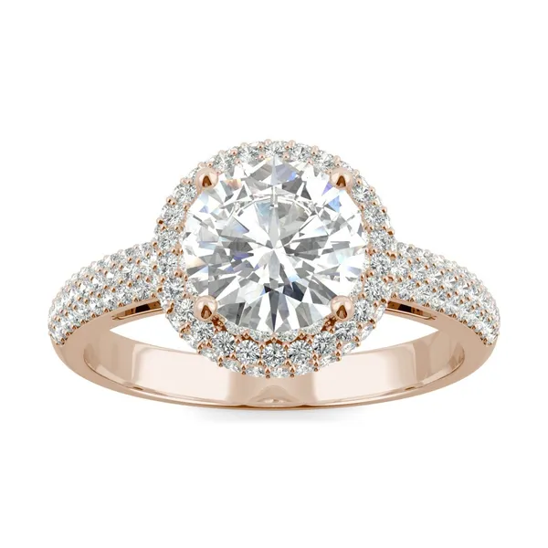 2.45 CTW DEW Round HOLYCOME Moissanite Three Row Pave Halo Ring in 14K Rose Gold