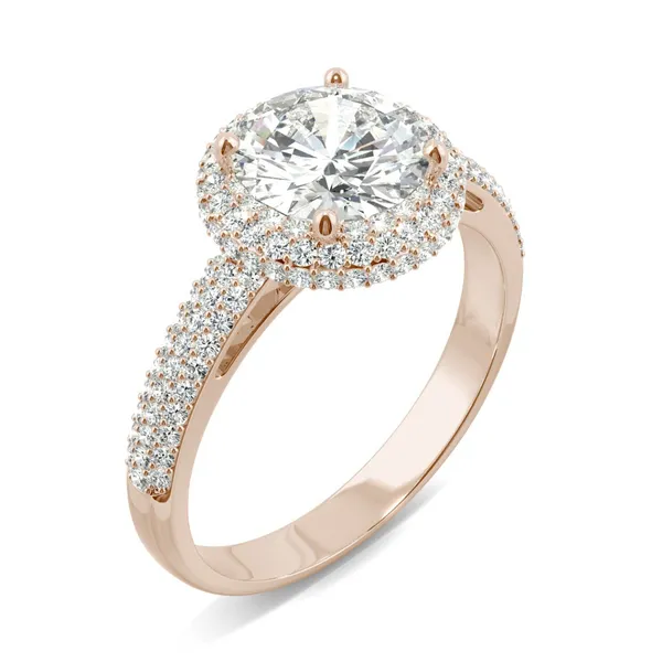 2.45 CTW DEW Round HOLYCOME Moissanite Three Row Pave Halo Ring in 14K Rose Gold