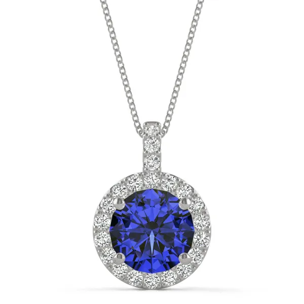 Sapphire Round Halo Pendant in 14K White Gold