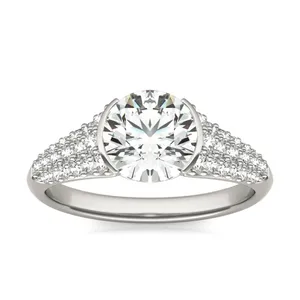 2 CTW Round Caydia Lab Grown Diamond Signature Half Bezel Pave Engagement Ring 18K White Gold image, 2 CTW Round Caydia Lab Grown Diamond Signature Half Bezel Pave Engagement Ring 18K White Gold