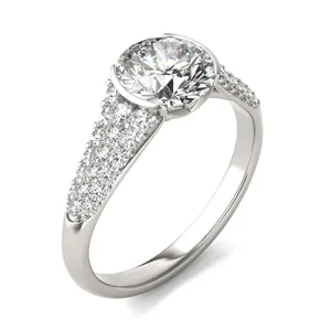 2 CTW Round Caydia Lab Grown Diamond Signature Half Bezel Pave Engagement Ring 18K White Gold image, 2 CTW Round Caydia Lab Grown Diamond Signature Half Bezel Pave Engagement Ring 18K White Gold