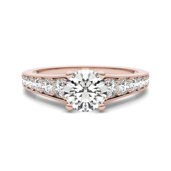 7/8 CTW Round HOLYCOME Lab Grown Diamond Milgrain Solitaire with Side Accents Engagement Ring 14K Rose Gold