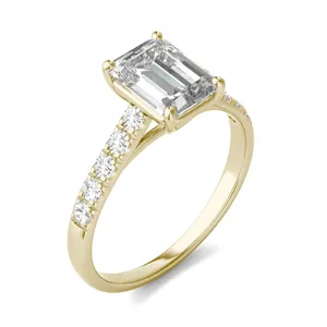 2.05 CTW DEW Emerald Forever One Moissanite Cathedral Accented Engagement Ring in 14K Yellow Gold image, 2.05 CTW DEW Emerald Forever One Moissanite Cathedral Accented Engagement Ring in 14K Yellow Gold