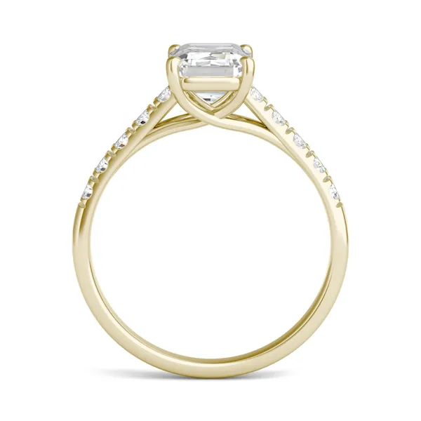 2.05 CTW DEW Emerald HOLYCOME Moissanite Cathedral Accented Engagement Ring in 14K Yellow Gold
