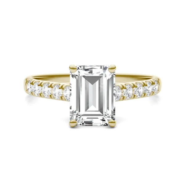 2.05 CTW DEW Emerald HOLYCOME Moissanite Cathedral Accented Engagement Ring in 14K Yellow Gold