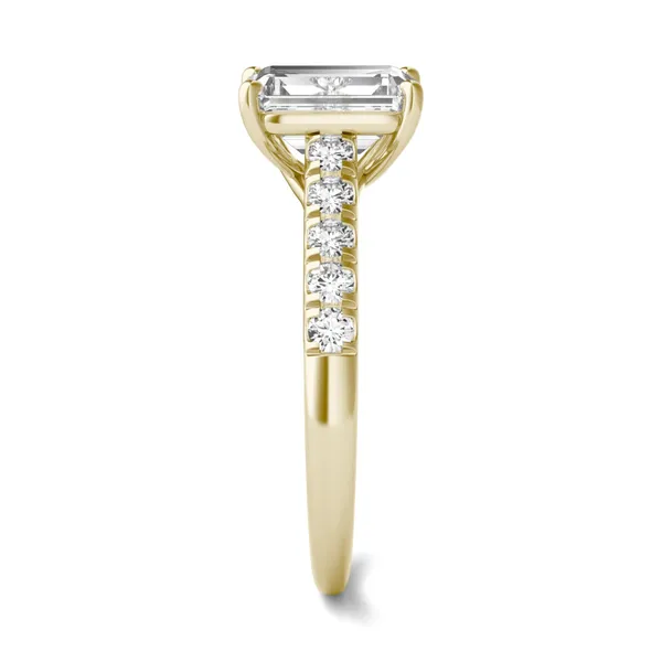 2.05 CTW DEW Emerald HOLYCOME Moissanite Cathedral Accented Engagement Ring in 14K Yellow Gold