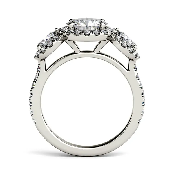 Round Brilliant Three Stone Accented Halo Engagement Ring