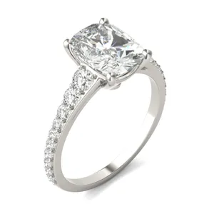 2.81 CTW DEW Elongated Cushion Forever One Moissanite Graduated Side-Stone Engagement Ring in 14K White Gold image, 2.81 CTW DEW Elongated Cushion Forever One Moissanite Graduated Side-Stone Engagement Ring in 14K White Gold