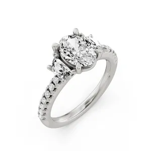 Oval Three Stone Engagement Ring With Half Moon Sides