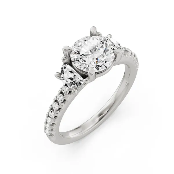 Round Three Stone Engagement Ring With Half Moon Sides