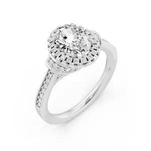 French Pave Halo Oval Engagement Ring with Round Side Stone