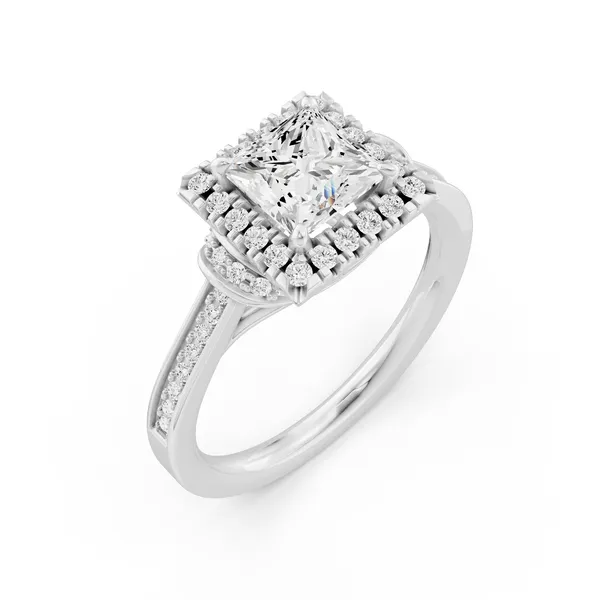 French Pave Halo Princess Engagement Ring with Round Side Stone