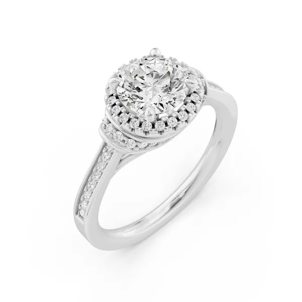 French Pave Halo Round Engagement Ring with Round Side Stone