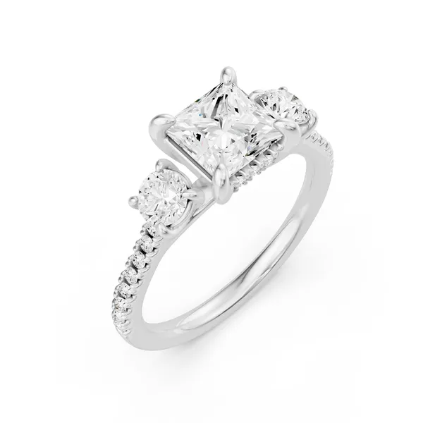 Three Stone Princess Engagement Ring with Round Side Stones